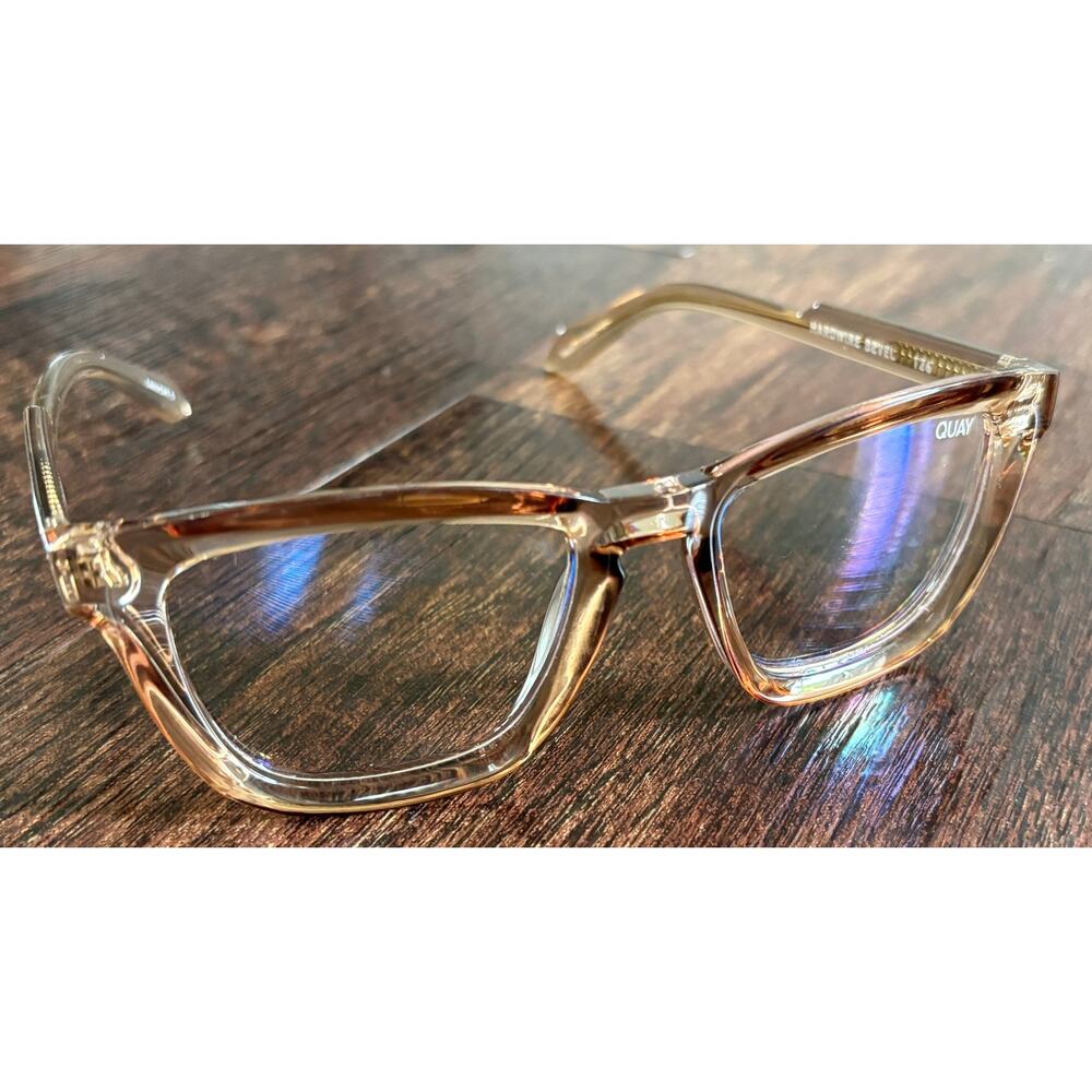 Quay Australia Hardwire Bevel Blue Light Glasses Square Clear Tan Frame